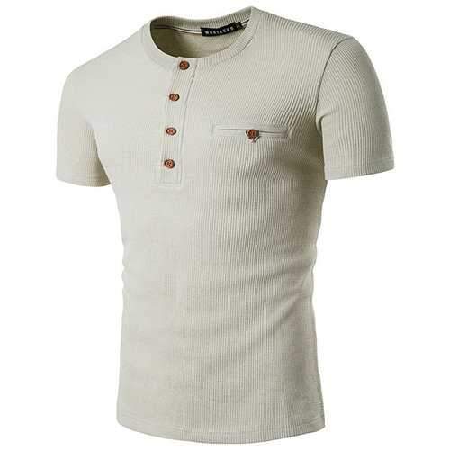 Mens Round Neck Buttons Breathable Cotton Blend T-shirt Short Sleeve Spring Summer Casual Tops