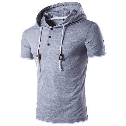 Mens Hooded Drawstring T-shirt Solid Color Short Sleeve Spring Summer Casual Tops Tees