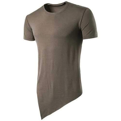 Mens Summer Fashion Irregular Hem Design Long Style O-neck Solid Color Short Sleeve T-shirt