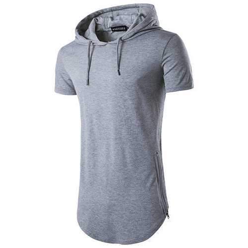 Mens Fashion Summer Long Style Hooded Drawstring Side Zipper Solid Color Short Sleeve T-shirt