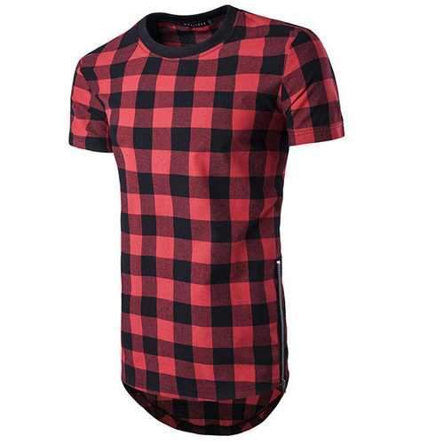 Mens Fashion Summer Long Style Plaid Pattern Side Zipper Round Neck Short Sleeve T-shirt