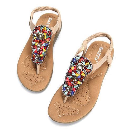 Beading Artificial Stone Colorful Elastic Flat Beach Sandals