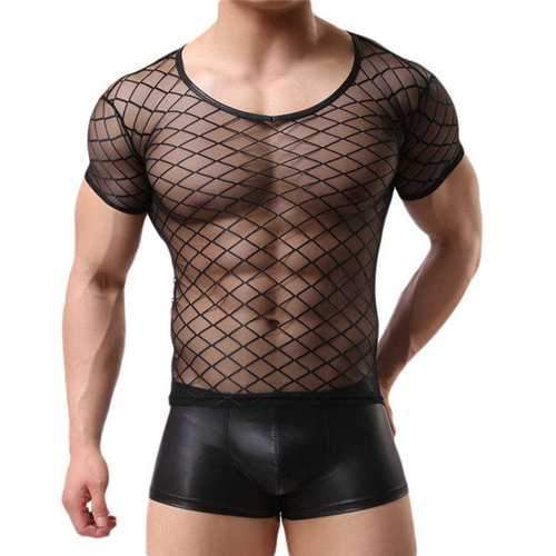 Mens Sexy Visible Rhombic Mesh Design Slim Fit Round Neck Short Sleeve Performance Wear T-shirt