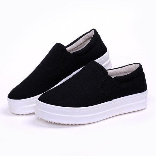 Black Canvas Platform Slip On Casual Loafers For Women