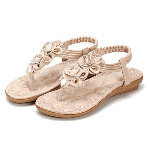 Flower Bohemia Clip Toe Elastic Flat Sandals For Women