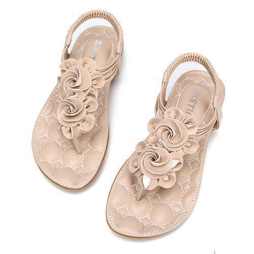 Flower Bohemia Clip Toe Elastic Flat Sandals For Women