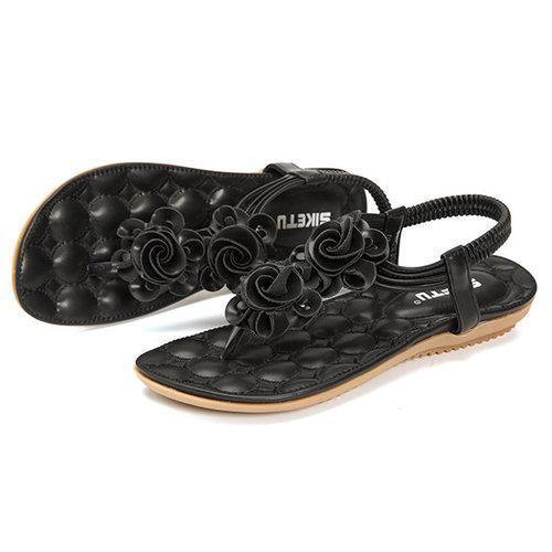 Flower Bohemia Clip Toe Elastic Flat Sandals For Women