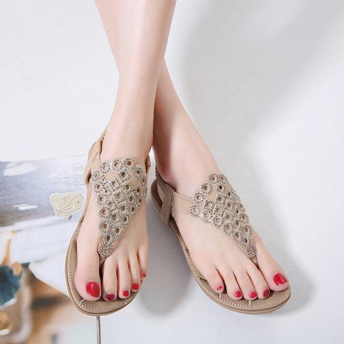 Bohemia Rhinestones Clip Toe Elastic Band Flat Beach Sandals