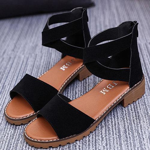 Strappy Zipper Peep Toe Flat Sandals For Women