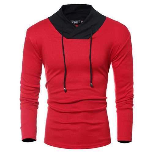 Mens Summer Patchwork Casual Stand Collar Long Sleeve Slim Fit T-Shirt