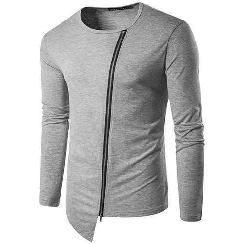 Mens Personalized Street Style Irregularly Inclined Zipper O-neck Long Sleeve Casual T-shirt