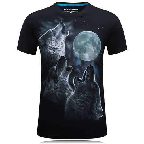 Mens Plus Size Fashion Wolf Printing Short Sleeve O-neck Cotton T-shirt