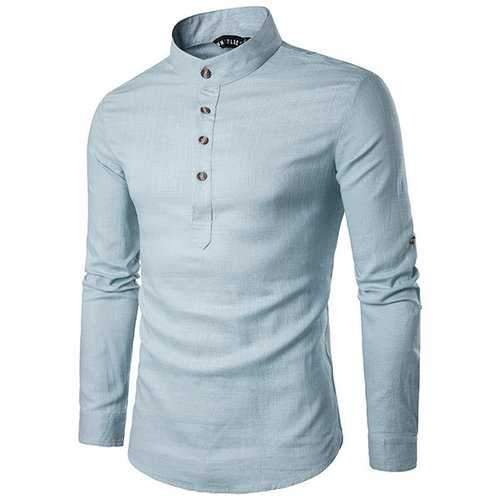 Mens Linen Chinese Collar T-shirt Buttons Breathable Long Sleeve Brief Retro Style Solid Color Tops