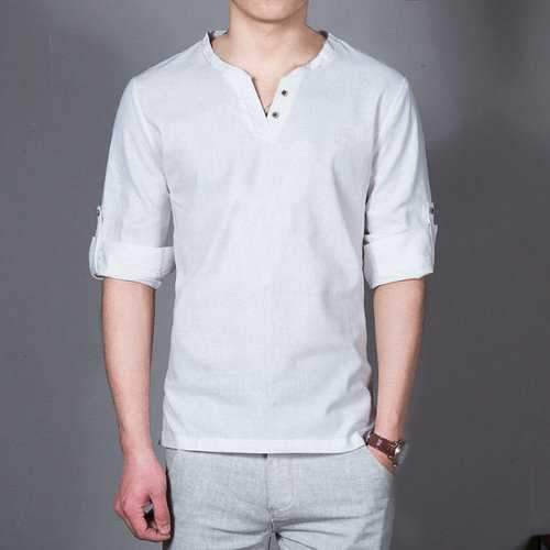 Mens Casual Linen Stand Collar Long Sleeve T-shirt Fashion Solid Color Tops