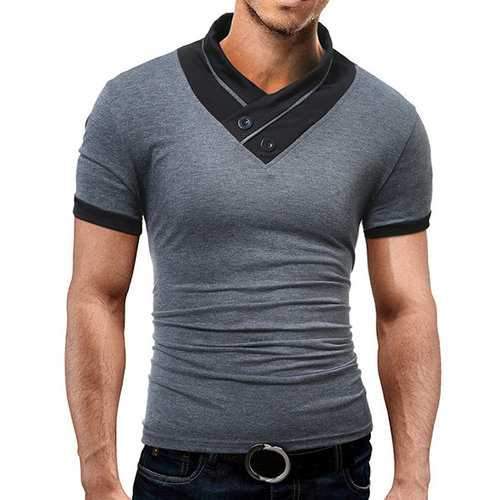 Mens Summer Casual Stand Collar Short Sleeve T-Shirts Solid Color Slim Fit Buttons Tops