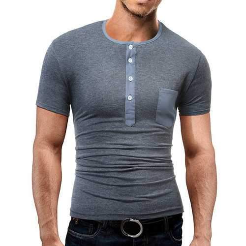 Mens Summer Cotton Buttons Solid Color T-shirts Short Sleeve O-neck Slim Fit Tops