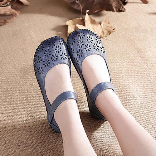 SOCOFY Mary Jane Original Hollow Out Hook Loop Soft Flat Vintage Shoes