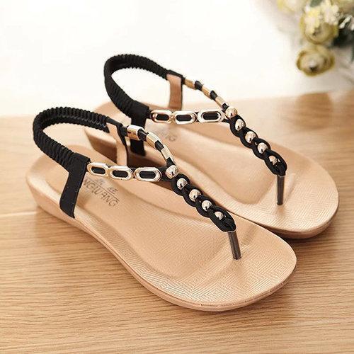 Metal Chain Clip Toe Bohemia Flat Elastic Sandals For Women