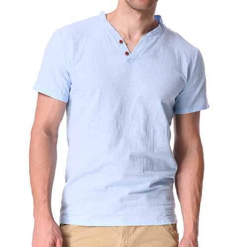 Mens Casual Linen V-neck Chinese Collar Short Sleeve T-shirt Fashion Solid Color Tops