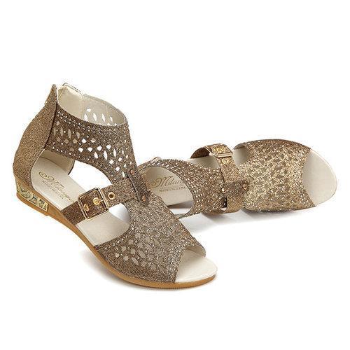 Peep Toe Rhinestone Hollow Out Wedges Zipper Roman Sandals