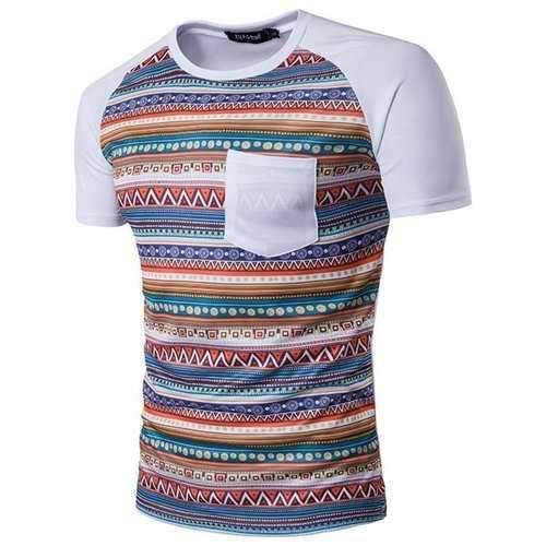 Mens National Style Printing Front Pocket Short Sleeve O-neck Casual T-shirt