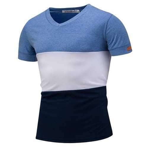 Mens Summer Hit Color Short Sleeve V-neck Slim Fit Casual T-shirt