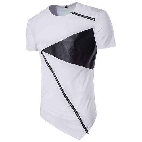 Mens Summer Hip-Hop Hit Color Zipper Tops O-neck Short Sleeve Casual Cotton T-shirt