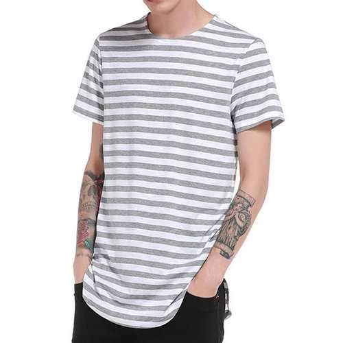 Mens Summer Hip-Hop Striped Printed Tops O-neck Short Sleeve Casual Cotton T-shirt