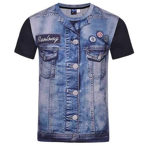 Mens Creative 3D Denim Jacket Printed Tops O-neck Short Sleeve Casual T-shirt