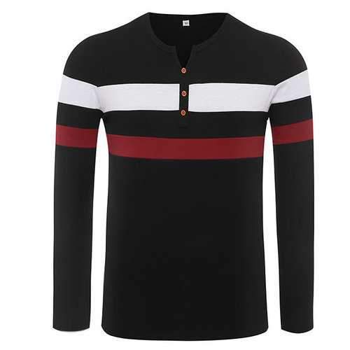 Mens Stripe Printed Buttons Cotton Tops Long Sleeve O-neck Casual T-shirt