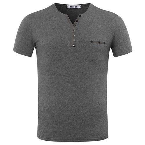 Mens Odell Cotton Solid Color Buttons Short Sleeve V-neck Casual T-shirt