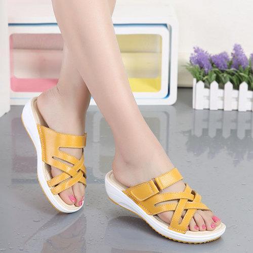 Women Candy Color Leather Cross Summer Flat Platform Sandals