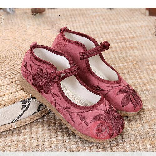 Flower Embroidery Chinese Knot Flat Retro Loafers For Women