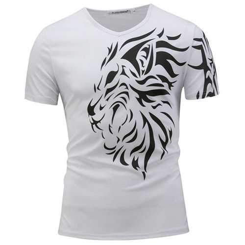 Mens Summer 3D Lion Printed Tee Top V-neck Short Sleeve Casual T-shirt