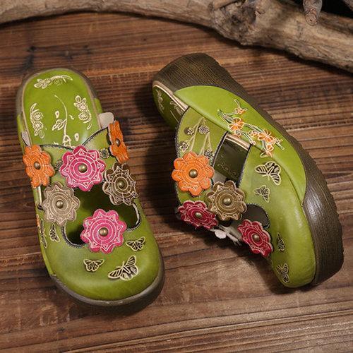 SOCOFY Colorful Flower Butterfly Leather Hollow Out Platform Shoes