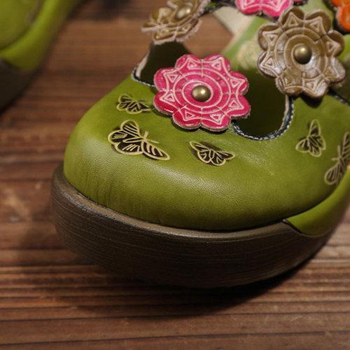 SOCOFY Colorful Flower Butterfly Leather Hollow Out Platform Shoes