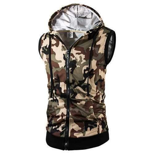 Mens Summer Camo Printed Casual Tank Tops Stylish Sleeveless Hooded Vest