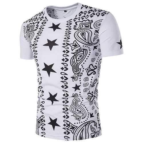 Mens Summer Cotton Printed National style O-neck Short Sleeve Slim Fit Casual T-shirt