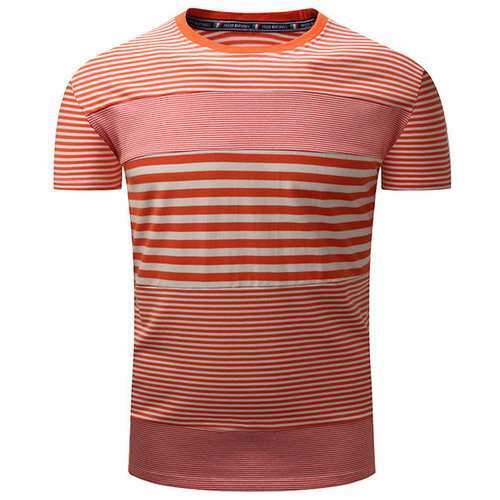 Mens Summer Cotton Striped Printed O-neck Short Sleeve Casual T-shirt