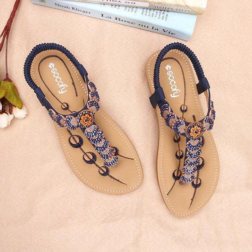 Socofy Flowers Decoration Elastic Bohemia Beaded Clip Toe Casual Beach Sandals