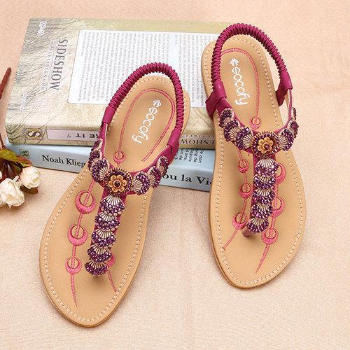 Socofy Flowers Decoration Elastic Bohemia Beaded Clip Toe Casual Beach Sandals