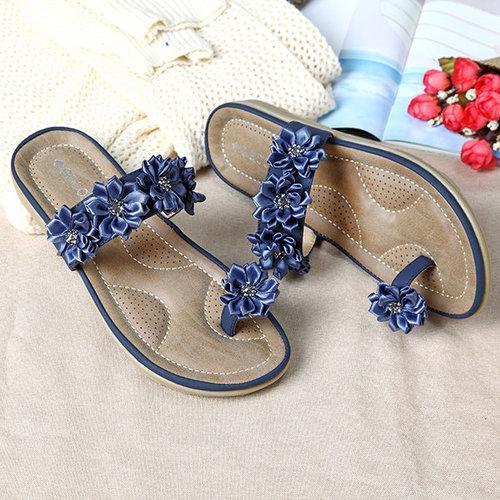 SOCOFY Floral Bohemia Clip Toe Flat Slippers For Women