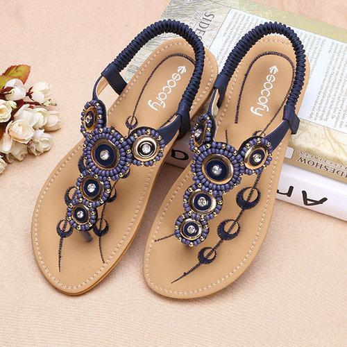 SOCOFY Rhinestone Clip Toe Bohemia Elastic Flat Sandals