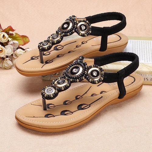 SOCOFY Rhinestone Clip Toe Bohemia Elastic Flat Sandals