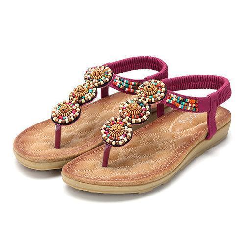 SOCOFY Bohemia Beaded Clip Toe Casual Flat Elastic Sandals