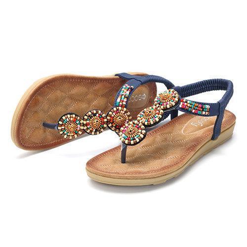 SOCOFY Bohemia Beaded Clip Toe Casual Flat Elastic Sandals