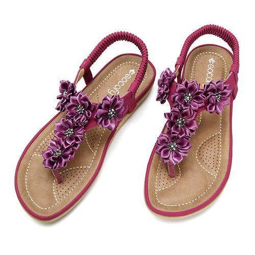 SOCOFY Flower Pure Color Slip On Flat Beach Sandals