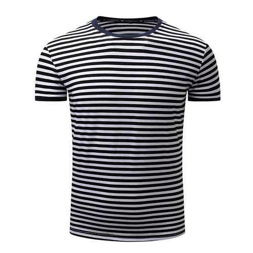 Mens Spring Summer Striped Printed O-neck Short Sleeve Casual Cotton T-shirt