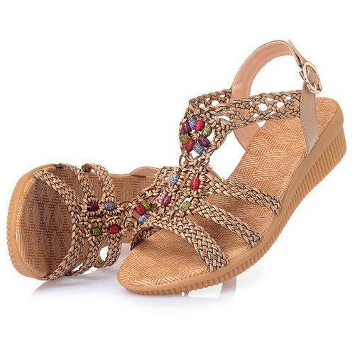 Large Size Bohemia Solid Buckle Strap Woven Peep Toe Soft Sandals