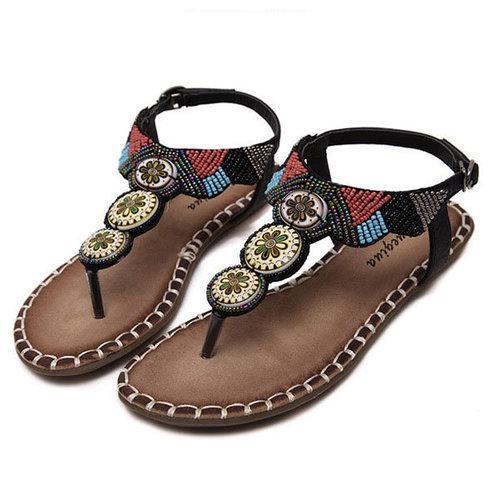 Bohemia Rhinestone Flower Clip Toe Solid Buckle Strap Flat Sandals